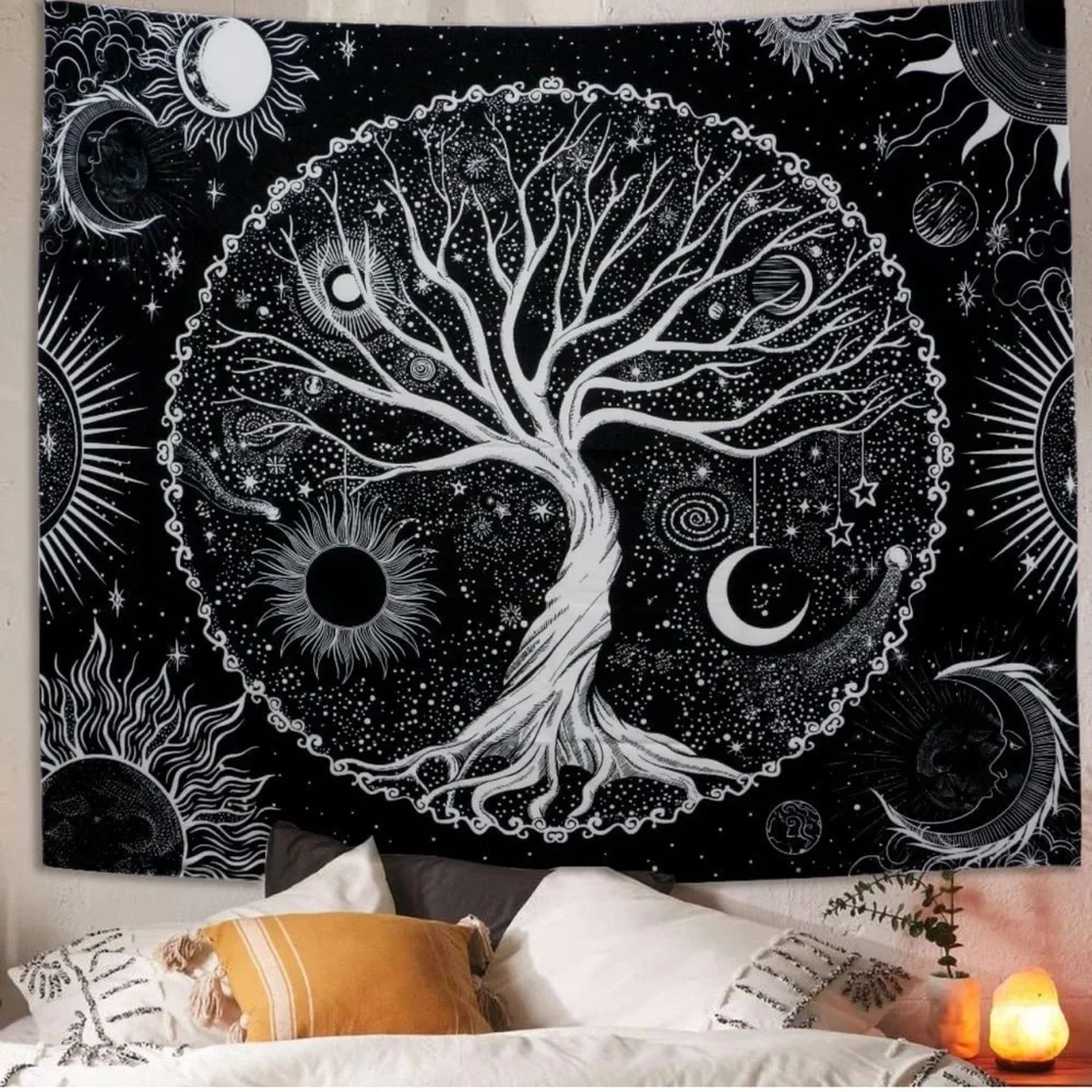 Black & white tree of life wall tapestry